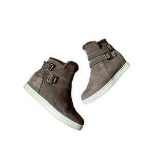 Blondo Geneva Womens 8.5 Ankle Boot Waterproof Taupe Suede Hidden Wedge Faux Fur
